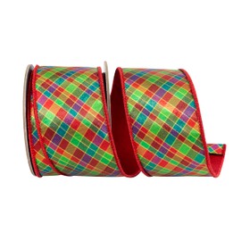 Reliant Ribbon Plaid Jewel Tone Deluxe Metallic Backed Red Wired Edge Ribbon, Multi