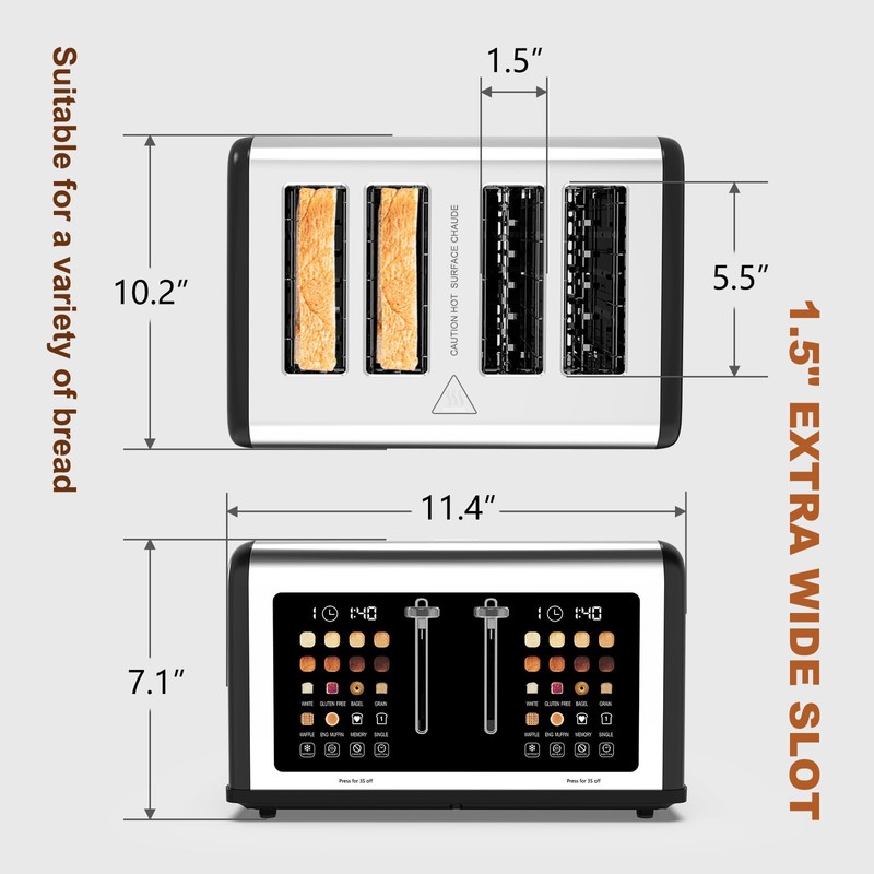 4 Slice Toaster Touch Screen, Stainless Steel Toasters Digital Timer,