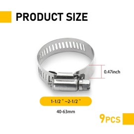 9 PCS Car Stainless Steel Hose Clamps, Small Metal Hose Clamps Set, Adjustable Automotive Gear Hose Clamp Kit for Pipe, Dryer Repair, Tubing (Silver #1~1/2" - 2~1/2")