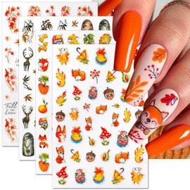 3D Fall Nail Stickers for Women Autumn Maple Leaves Nail Decals for Nail Art Cartoon Fox Pumpkin Nail Sticker Fall Nail Art Stickers Pinecone Mushroom Self-Adhesive Fall Stickers for Nails, 8 Sheets