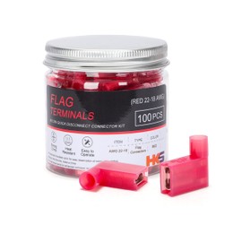 HKS 100 PCS Flag Spade Terminals 90 Degree Female - Red 22-18 AWG - Nylon Quick Disconnect Wire Connector - Right Angle - Crimp Insulated
