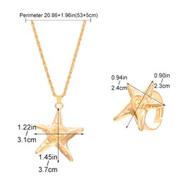 Lyfange Starfish Necklace for Women Unique Starfish Statement Ring Dainty Swirl Summer Beach Pendant Necklace Adjustable Open Ocean Sea Wrap Finger Rings Trendy Charm Jewelry