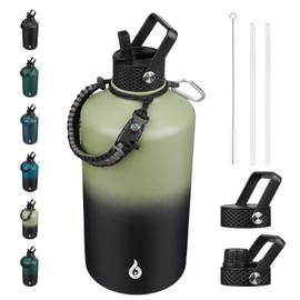 BJPKPK 1 Gallon Water Bottle with Straw Lid, 50oz, 64oz, 87oz, 128oz Large, Stainless Steel Water Bottles with 3 Lids and Paracord Handle, Double Wall Vacuum Metal Water Jug, Camp Green & Black