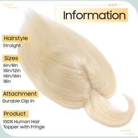 S-noilite Hair Toppers with Fringe Human Hair for Thinning Hair Women Real Hair Topper Hair Piece Clip In Hair Extensions 100% Remy Real Human Hair 27g（#60 Platinum Blonde, 6 Inch）