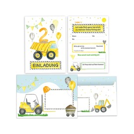 Minkocards 12 Invitation Cards Including 12 Envelopes for Children's Birthday Parties 2nd Birthday Boys Construction Site Colourful Invitations for Birthday Children Invitation Set