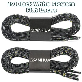 DANHUA Colored Printed Flat Shoelaces: 2 Pair Black White Flowers Patterned Shoe Laces for Sneakers 55 inch