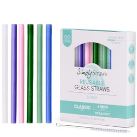 Simply Straws 6 Inch Glass Straws Straight (6-Pack) – Reusable Glass Straws for Low Balls & Stemless Glasses, with Cleaning Brush – Dishwasher Safe, Hot & Cold Use, BPA-Free (Cote d'Azur)