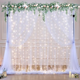10ft x 10ft White Tulle Backdrop Curtain with Lights String for Parties Wedding Bridal Shower Sheer White Curtain Backdrop for Birthday Baby Shower Photo Booth Background Decorations