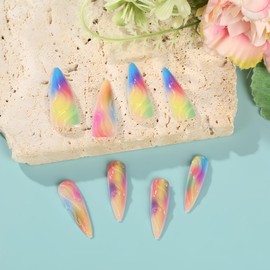 LBPEPAMZ Colorful Press On Nails Medium Almond Fake Nails with Gradient Rainbow Blooming Designs 3D Stripe Full Cover Glossy Reusable Acrylic Nails False Nails for Women Girls Daily Wear 24Pcs
