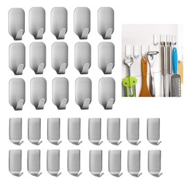 Newraturner Adhesive Hooks, 32-Pack Heavy Duty Wall Hooks Stainless Steel Waterproof Hangers for Kitchen, Bathroom, Bags, Towel, Coat, Keys, Robe, Home, Offices (16 Small + 16 Big) (Hooks - 32p)