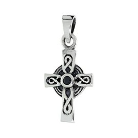 Sterling Silver Celtic Cross Necklace Infinity Symbols Black CZ, 1 1/8 inch Tall
