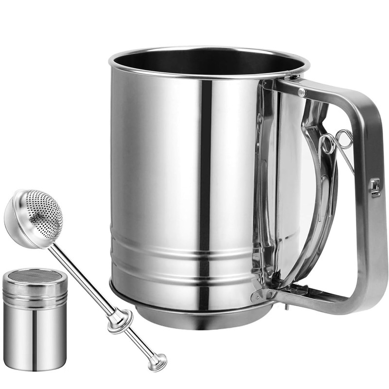 Flour Sifter Stainless Steel,3 Cup Flour Sifter for Baking,3 in1