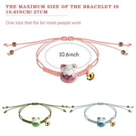 3 Pieces Cat Maneki Neko Bracelet Cute Lucky Cat Ceramic Beads Bracelets Feng Shui Lucky Bracelet Japanese Fortune String Bracelet with Bell, Adjustable (Green, Blue, Pink)