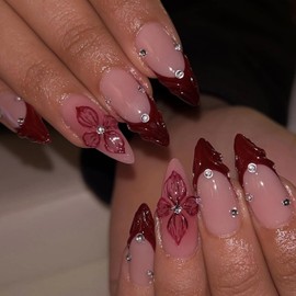 MERVF Almond Press on Nails Medium Fake Nail Burgundy 3D French Tip Glue ons Flower Wine Red Stiletto Acrylic Rhinestones Art Manicure Glossy 24pcs