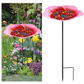 Tandefio 1 Pack Bee Feeder with 30 Colorful Glass Marbles Bee Watering Station Vivid Flower Bee Waterer Anti Rust Iron Cup for Bird Butterfly Garden Courtyard Outdoor Decorations (Pink)