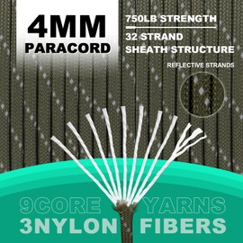 Wedotu-750LB Rope-100ft/500ft/1000ft-4MM-9 Strand Parachute Spool Cord Ideal for Military Nylon String, Camping,Survival Paracord Bracelet,DIY Projects,Hiking,Fishing-Reflective-Green,500ft