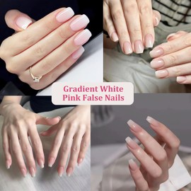 24 Pieces French Tip False Nails - Gradient White Pink False Nails-Short Press On Nails Full Cover Nude White Square - Perfect French Nail Art for Women