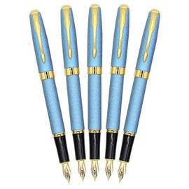Gullor 5 PCS Classic Metal Fountain Pen B388, Gold Trim, Gift Pens with Converters, Blue