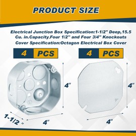 Copkim 4 Set 4 × 4" Electrical Junction Box with Cover Electrical Metal Outlet Box, 15.5 Cu. in. Capacity Receptacle Exposed Work Cover, 1-1/2'' Deep, Octangle