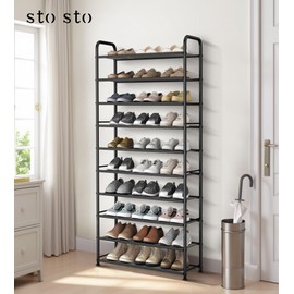 STO STO 10-Tier Shoe Rack with Sturdy Mesh Shelves, Tall Metal Shoe Organizer for Entryway, Closet, Garage, Front Door, Holds 30 Pairs, Free Standing Large Shoe Storage Shelf, Adjustable Feet, Black