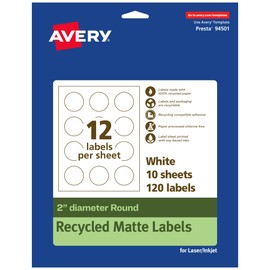 Avery EcoFriendly Matte White Recycled Round Labels, 2" Diameter, Print-to-The-Edge, Matte White Labels, Permanent Label Adhesive, Laser/Inkjet, 120 Printable Labels