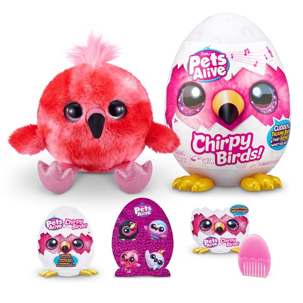 Pets Alive Chirpy Birds (Flamingo) by ZURU, Electronic Pet That Speaks, Giant Surprise Egg, Stickers, Comb, Fluffy Clay, Bird Animal Plush for Girls