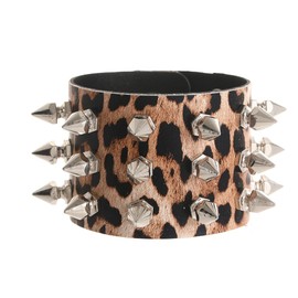 BaBakiak Leopard Spike Studded Leather Bracelet - Rock Punk Biker Wide Strap Leather Cuff Wristlets - Gothic Rivet Buckle Wristband