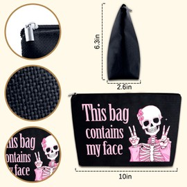 YINSSA Skeleton Gifts Makeup Bag For Women Friends Sister Spooky Gifts Funny Skeleton Cosmetic Bags Halloween Stuff Travel Accessories Goth Stocking Stuffers This Bag Contains My Face