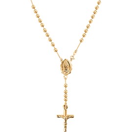 Savlano 925 Sterling Silver Italian Solid Bead Chain Cross & Rosary Virgin Mary Pendant -18K Gold Plated Y Necklace Comes With Gift Box for Women - Made in Italy (20, 5mm)