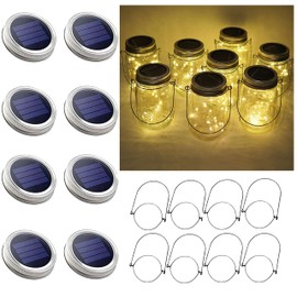 Cynzia Solar Mason Jar Lid Lights, 8 Pack 20 LED Waterproof Fairy Star Firefly String Lights with (8 Hangers Included,Jars Not Included), for Mason Jar Table Garden Wedding Party Decor (Warm White)