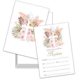 Baptism Invitations with Envelopes, Boho Floral Baby Shower Invites Cards, Pampas Grass First Communion Invitation, Gender Reveal Party Decorations,A09(25 Pack)