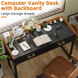 WESTREE Makeup Vanity Desk with Backboard Power Outlet, Computer Gaming Desk with 2 Drawers, Modern Writing Desk for Office, Bedroom, Black