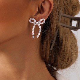 TseenYi Vintage Pearl Bow Earrings Ribbon Bow Pearl Earrings Gold Pearl Bowknot Earrings Pearl Dangle Earrings Pearl Bow Tie Earrings Bridal Bow Knot Drop Earrings Jewelry for Women and Girls