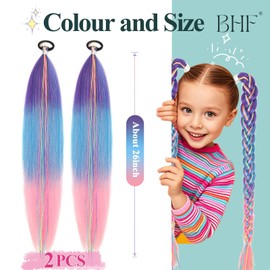 Braiding Hair Extensions - Ponytail Extensions with Elastic Tie Colorful Braid Hair Extension Kids Hair Extensions for Girls Twist Braids Hair for Women Pink Hair Extension 26'' 2pcs(Purple/Blue/Pink)