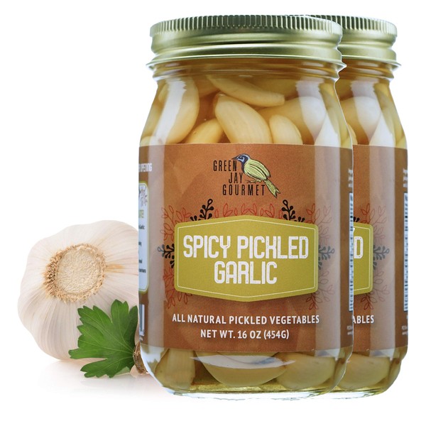 Green Jay Gourmet Pickled Garlic Cloves in a Jar - Spicy Pickled Garlic - Fresh Garlic Bulbs for Cooking - Simple, Natural Ingredients - Freshly Made - Subtly Infused, Pre-Prepared Garlic - 2 x 16 Ounce