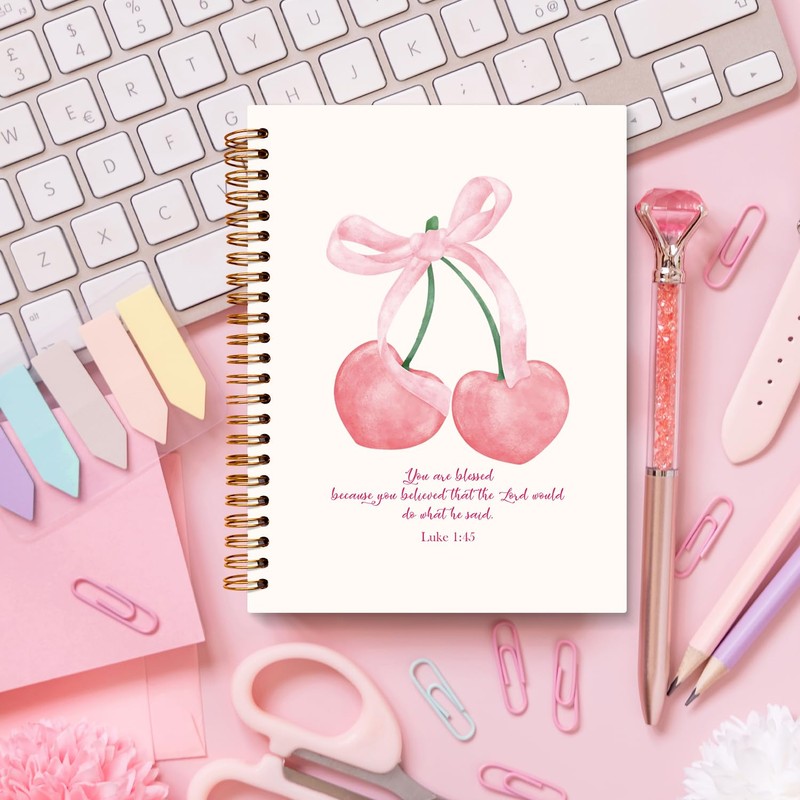 JXREQ Coquette Pink Cherry Bow Christian Notebook, Luke 1:45 Bible