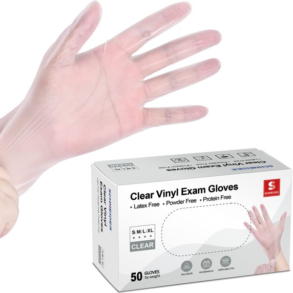 Schneider Clear Vinyl Exam Gloves, 4-mil, Medium 50-ct Box, Latex-Free, Disposable Gloves, Medical Gloves, Cleaning Gloves, Food Prep Gloves, Food Safe Rubber Gloves, Powder-Free, Non-Sterile