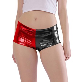 Kepblom Women's Shiny Metallic Rave Booty Shorts Hot Pants Dance Bottom, Red-black, Medium