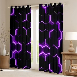 Loussiesd Boys Honeycomb Window Curtains for Bedroom Living Room Men Girls Modern Geometry Hexagon Theme Blackout Curtains(30%-50%) Purple Neon Decor Window Drapes Grid Art Window Treatments W46*L54