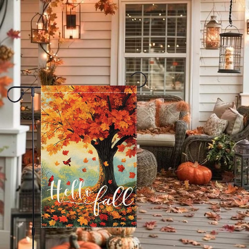 Hello Fall Maple Tree Garden Flag Decor for Outside, Double