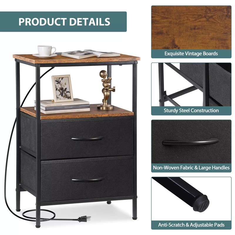 Segawe 2PCS Nightstands 2 Tier End Table with Charging Station