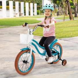COSTWAY Kids Bike, 16 Inch Toddler Children Bike w/Training Wheels, Hand & Coaster Brakes, Adjustable Saddle & Handlebar, Basket, Bell, Kids Bicycle for Girls Boys Aged 3-8 Years Old, Turquoise