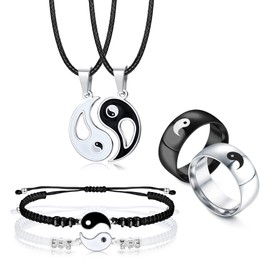 Kakonia 6 Pieces Matching Yin Yang Necklace Bracelets Rings Set Couple Necklace Bracelet Rings for Him and Her Matching Yin Yang Necklace Boyfriend Girlfriend Friendship Valentine's Day Jewelry Gift