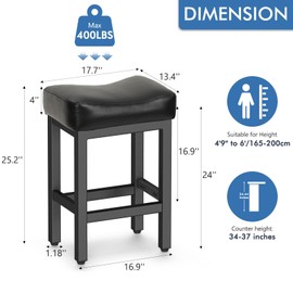 Raynesys Counter Height Bar Stools Set of 2, 24 Inch Barstools for Kitchen Island Counter, Bonded Leather Kitchen Stools with Thick Saddle Seats & Heavy Duty Metal Base, Easy Assembly, All Black