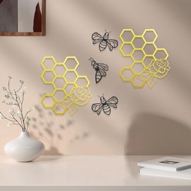 KOYILTD 5 Pieces Farmhouse Bee Decorations Metal Bee and Honey Comb Wall Art Black and Gold Bedroom Decor Bee Wall Hanging Decor for Indoor Outdoor Living Room Bedroom Garden (Classic)