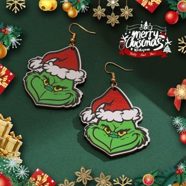 BORFUE Christmas Monster Earrings Novelty Animated Christmas Wooden Pendant Earrings Red Green Christmas Santa Ear Drops Dangle Drop Earrings Xmas Gift for Girls