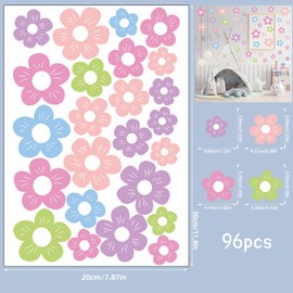 96 PCS Cute Flowers Wall Sticker, PVC Colorful Y2k Floral Wall Decor Vinyl Peel and Stick Flowers Stickers for Teen Girls Boy Kids Nursery Bedroom Kindergarten(4 Sheets, Bright Colors)