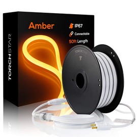 TORCHSTAR 50ft LED Neon Rope Light Outdoor, IP67 Waterproof, AC 120V (150ft Max), ETL & UL Certified, Soffit Commercial Building Decor, Amber