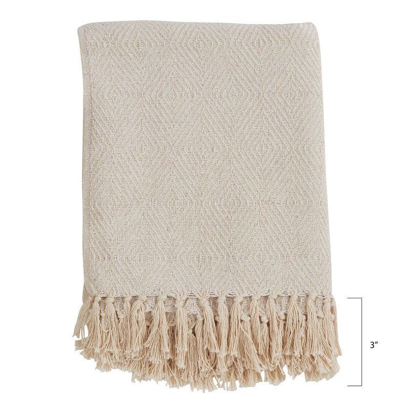 SARO LIFESTYLE Sevan Collection Soft Cotton Diamond Weave Throw, Ivory