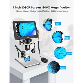 7" LCD Digital Microscope 1200X,Leipan 12MP Coin Microscope with Screen for Adults,1080P Video Microscope with 32GB TF Card and 12pcs Slides,Wired Remote,2 Side Lights,Windows/Mac OS Compatible